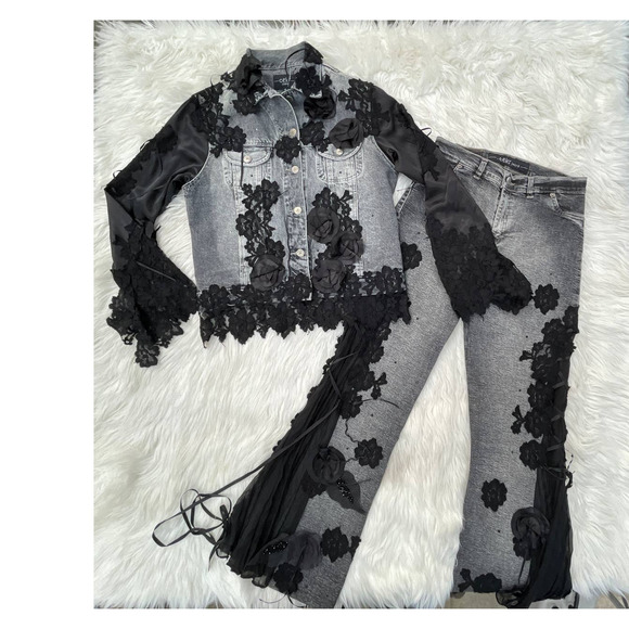 Vintage Celo Embroidered Lace Jeans And Jacket Denim Y2K Set Flare Sz XL - Picture 1 of 8